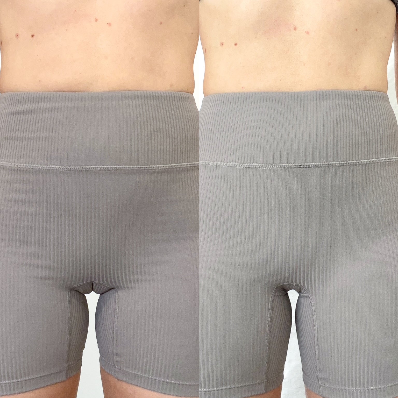 A woman showcases gray shorts from Trelou, featuring two different angles of the active underwear.